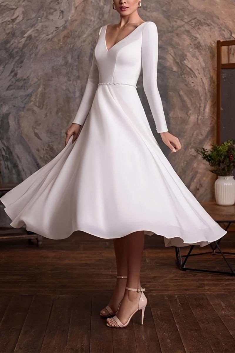 Long Sleeve Beaded Tea-Length Little White Dress CW3383 - COCOMELODY